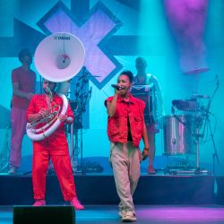 Die Musiker der Band im Einsatz bei lila Licht. Links ein Mann mit Sousaphon und rechts eine singendePerson die den linken Arm nach oben streckt.